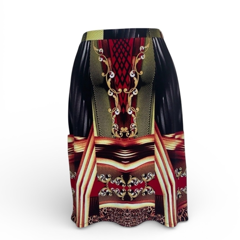 EVA VARRO pencil skirt bold red black gold leopard baroque print stretchy XS EUC